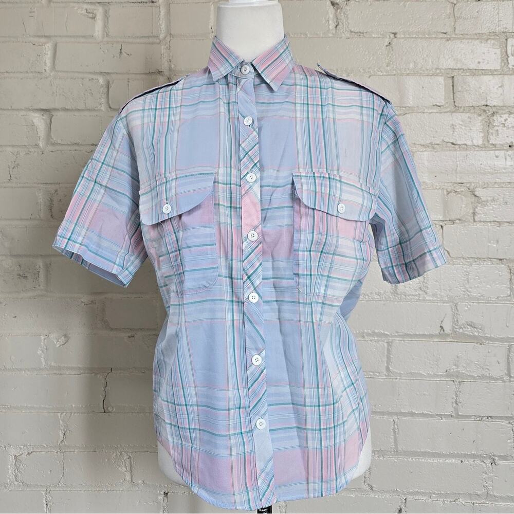 Vintage 80s Russ Studio Pastel Pink Blue Plaid Button Up Shirt ILGWU Made in USA